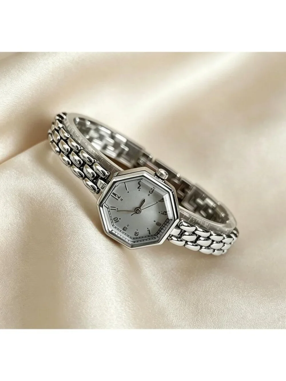 Women's Silver Octagonal Stainless Steel Dress Quartz Vintage Wrist Watches